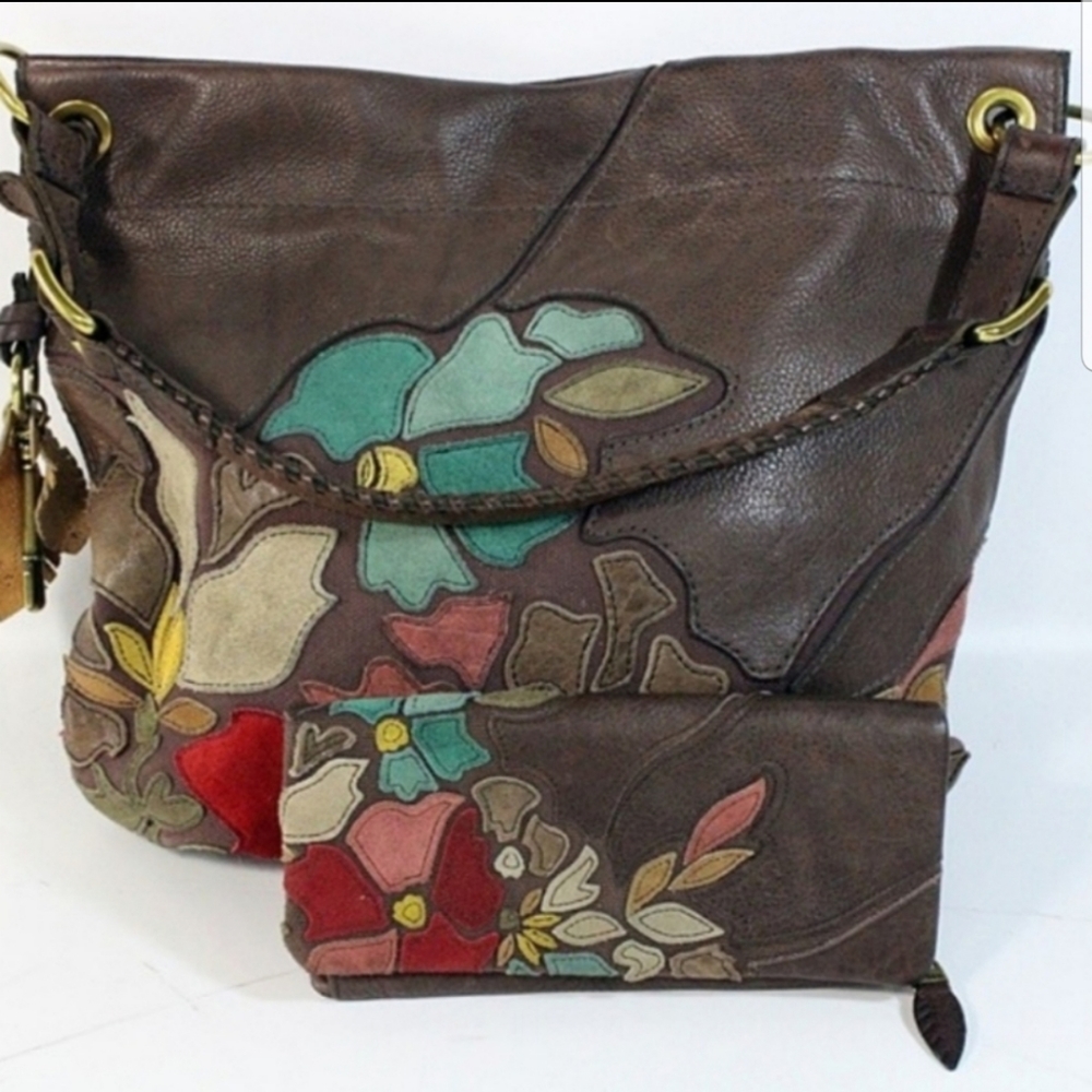 RARE Fossil Floral Hobo Bag & Wallet Genuine Leather Purse with Key Fob Charm